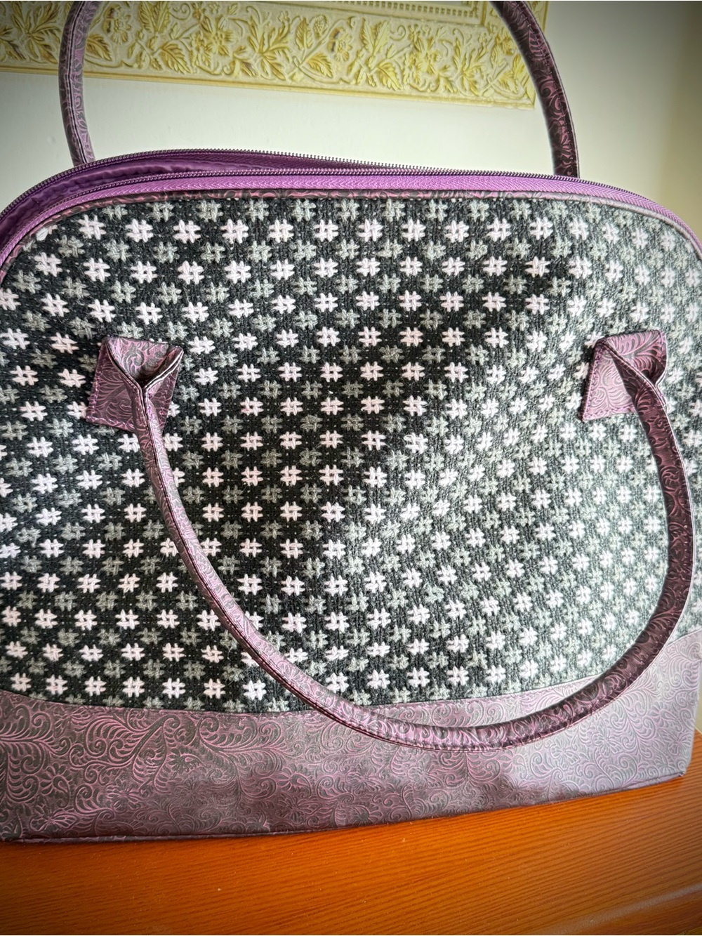 Taylor Swift Black & White Patterned Weekender Tote with Purple Trim
